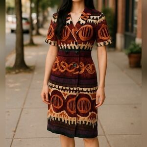 Anthony Mark Hankins Vtg Multicolor Short Sleeve Midi Grannycore Dress Sz 8M